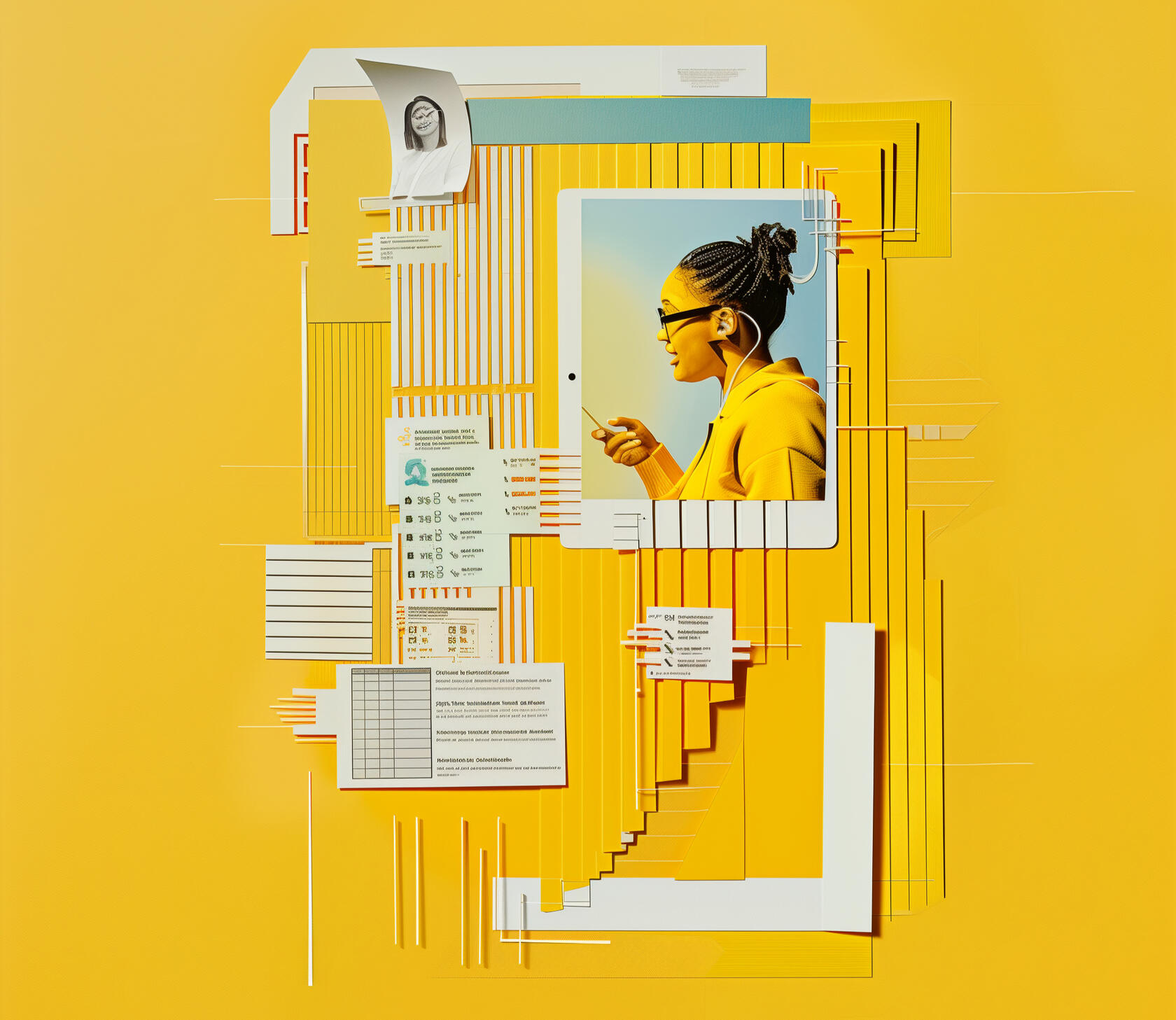 Yellow conceptual paper collage Yellow conceptual paper sculpture with mixed media imagery